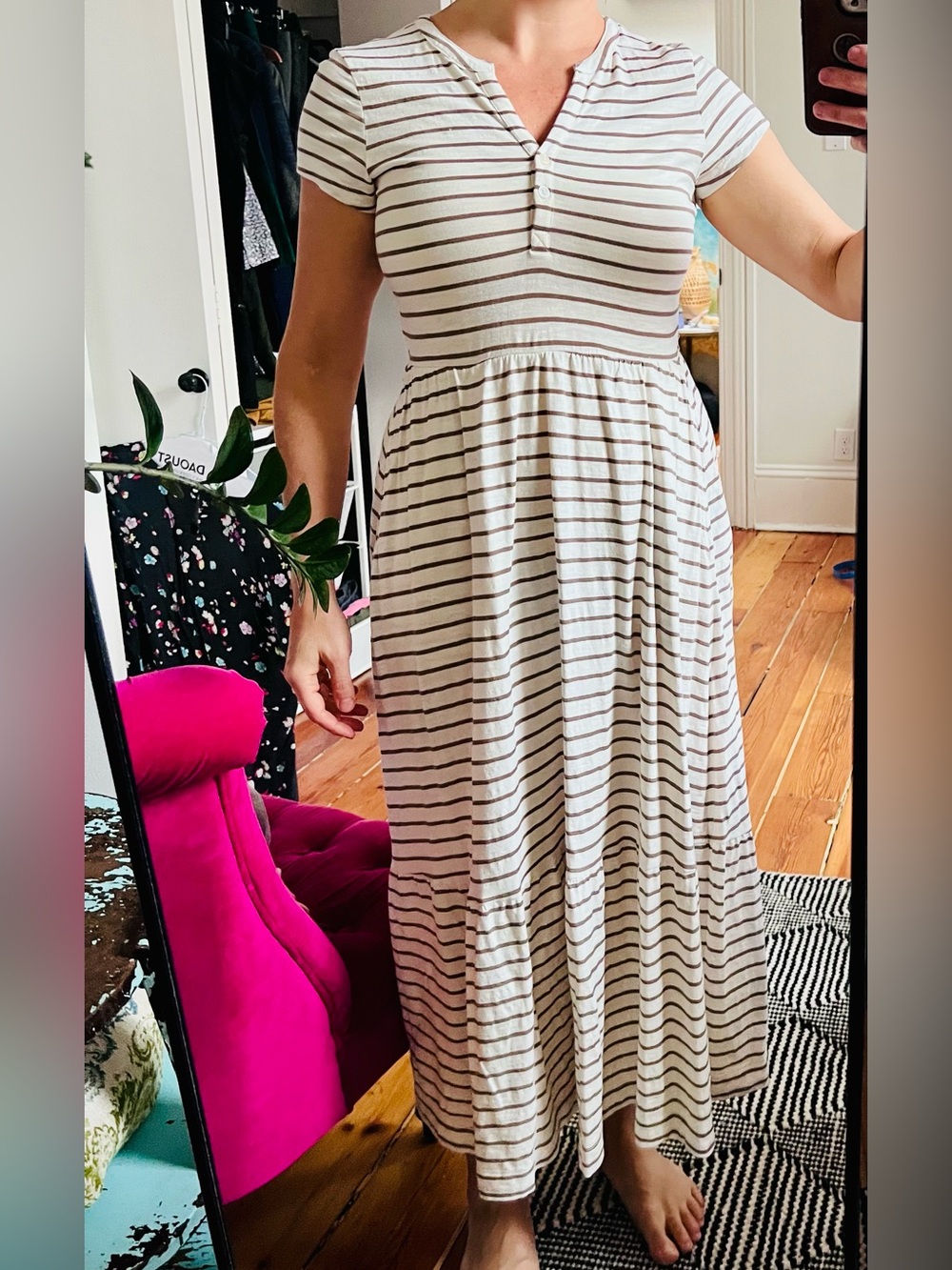 Pact Sequoia Striped relaxed Slub Henley Market Maxi Dress - White & light brown